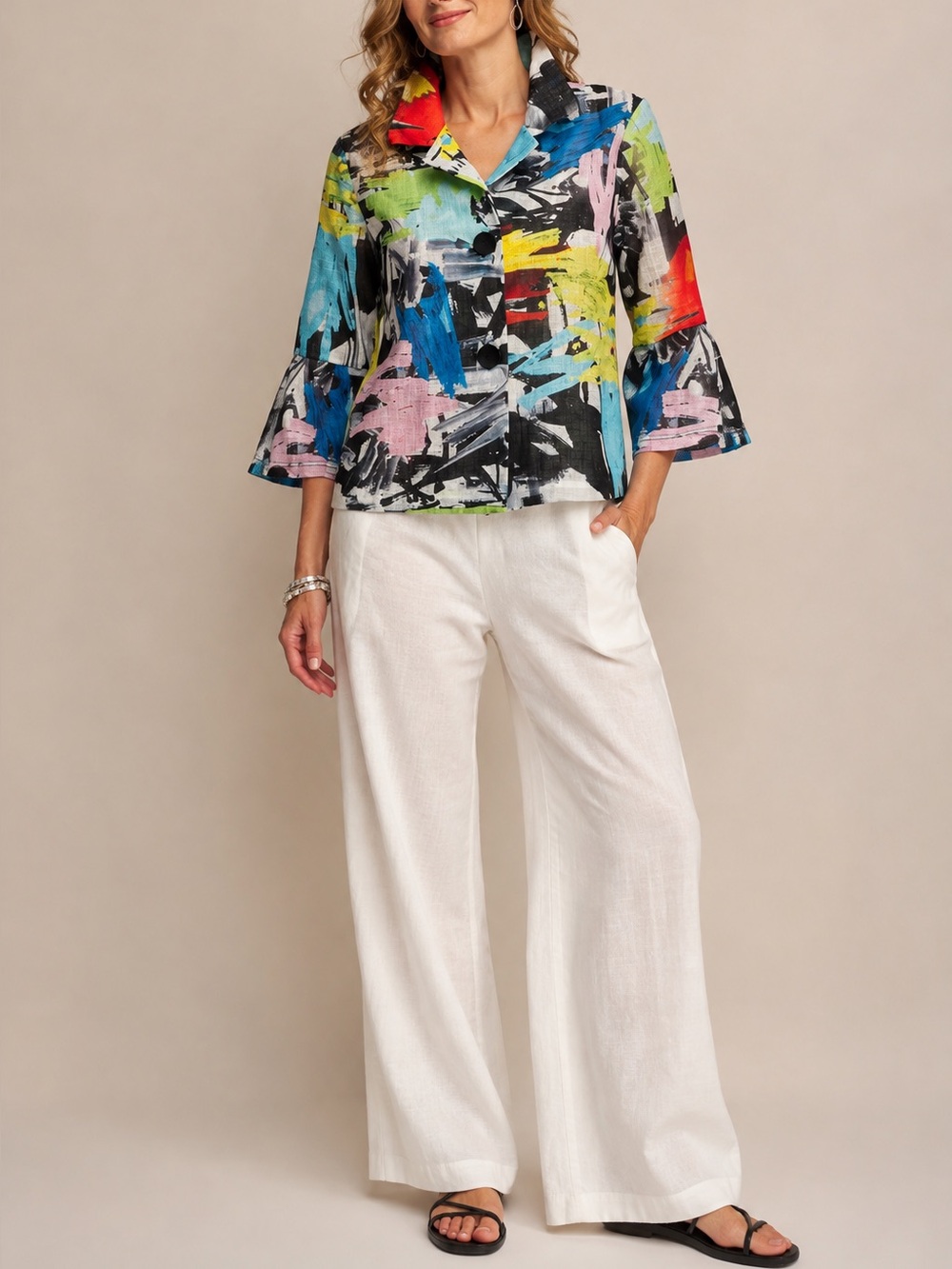 Damee Multicolor Abstract Print Jacket XS 3/4 Sleeve Flare Cuff Artsy Blazer